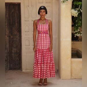 NWT Mo Maya Runa Gingham Check and Leopard Strap Print Maxi Dress Sz XS